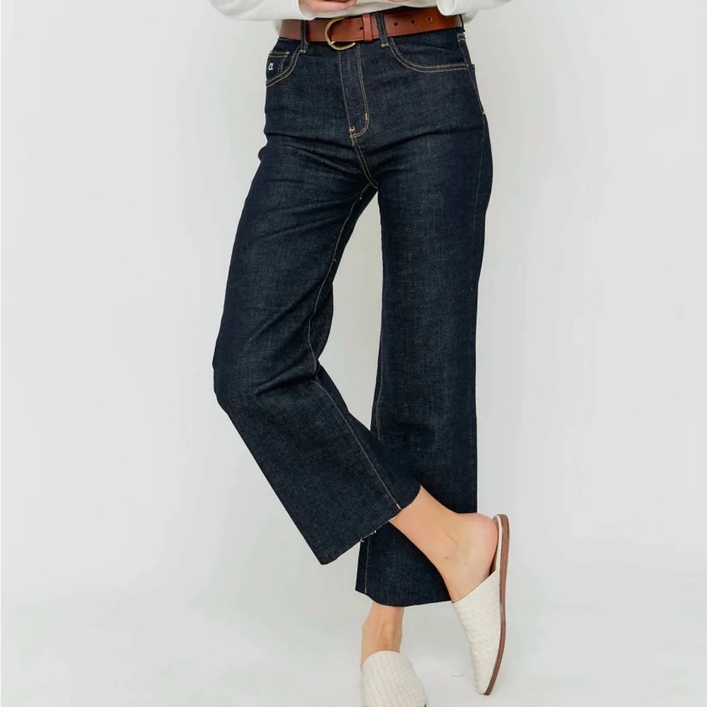 OLIVER LOGAN Aberdeen Wide Leg Crop Dark Wash Denim Jeans Raw Hem